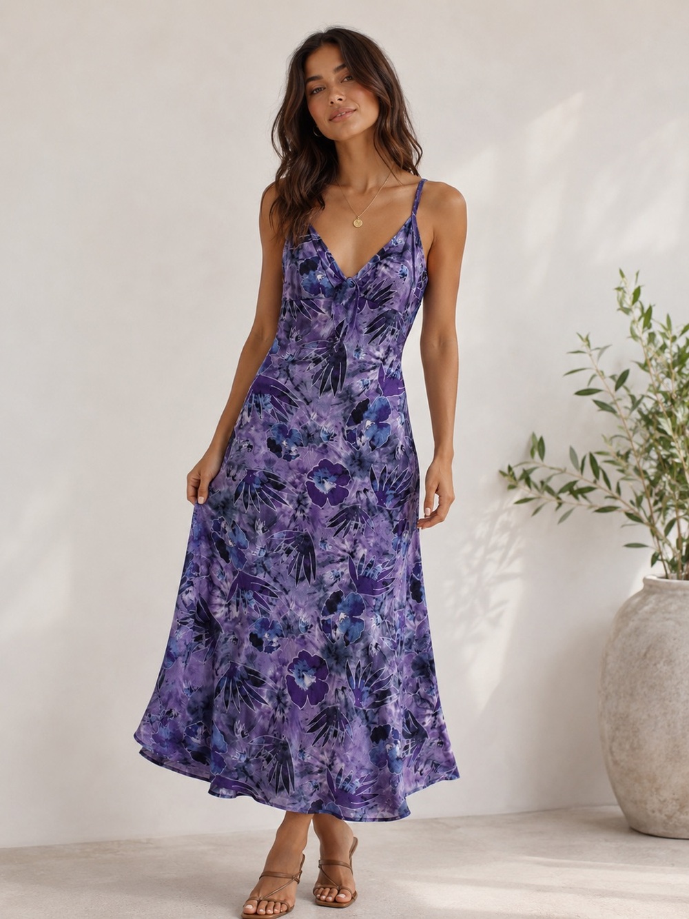 CLE Paris Dress Maxi Halter Purple Tie Dye Floral Spaghetti Strap Summer Vintage